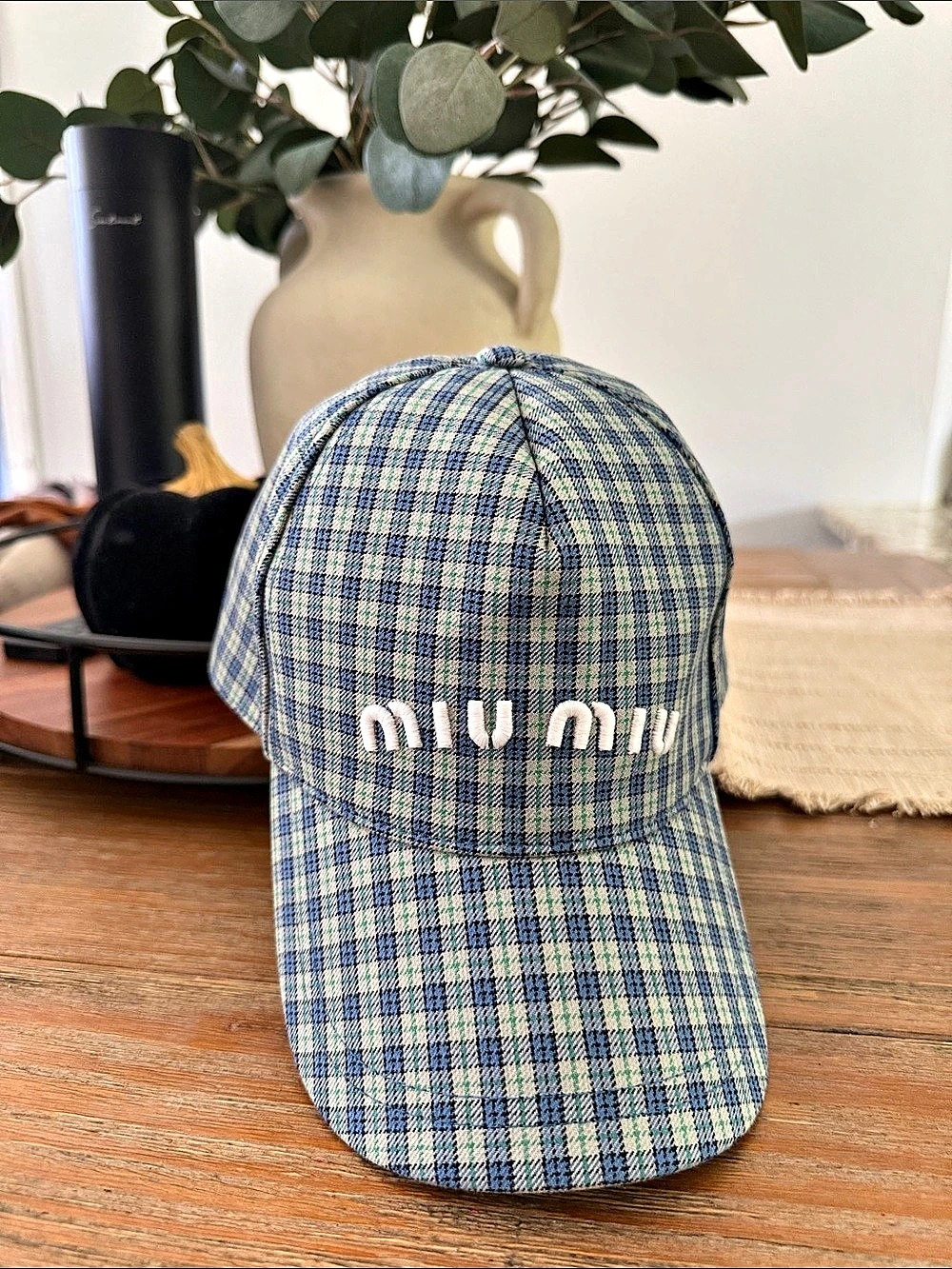 Miu Plaid Cotton Drill Baseball Cap Blue & Green Size Small